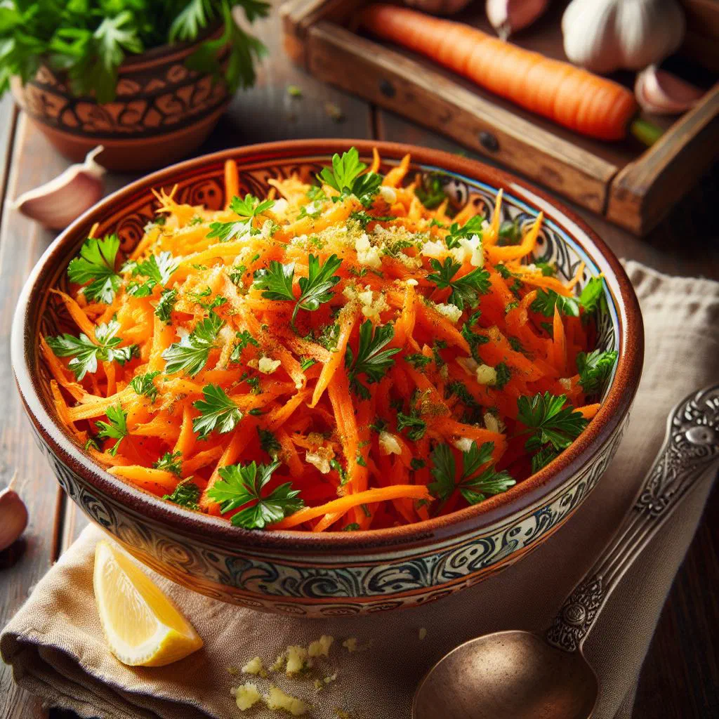 Fresh carrot salad with onion rings and herbs in a bowl