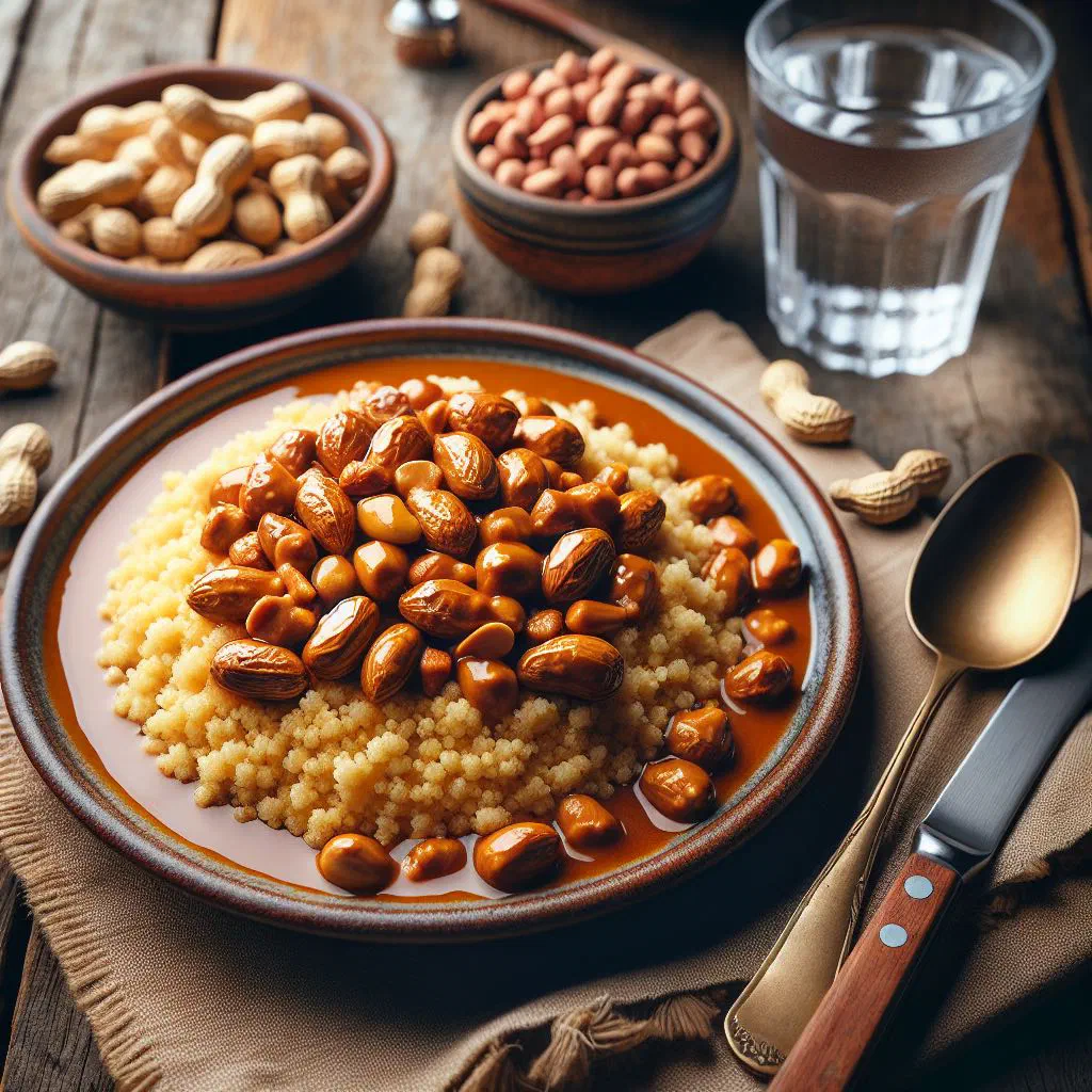 Fluffy couscous with creamy peanut sauce and colourful vegetables in a bowl