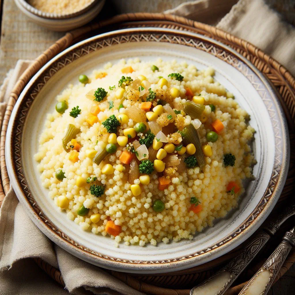 Fluffy fonio couscous with sautéed vegetables and fresh herbs