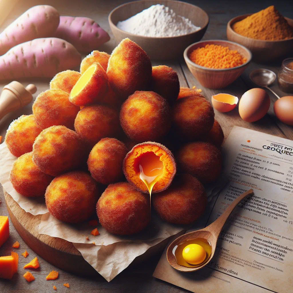 Golden fried sweet potato croquettes on a plate with fresh herbs