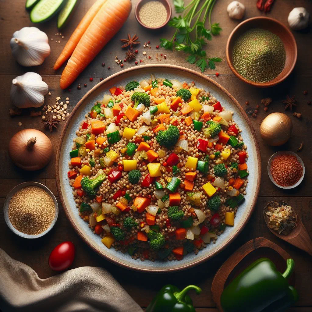 Fluffy fonio grains tossed with colourful sautéed vegetables and fresh herbs