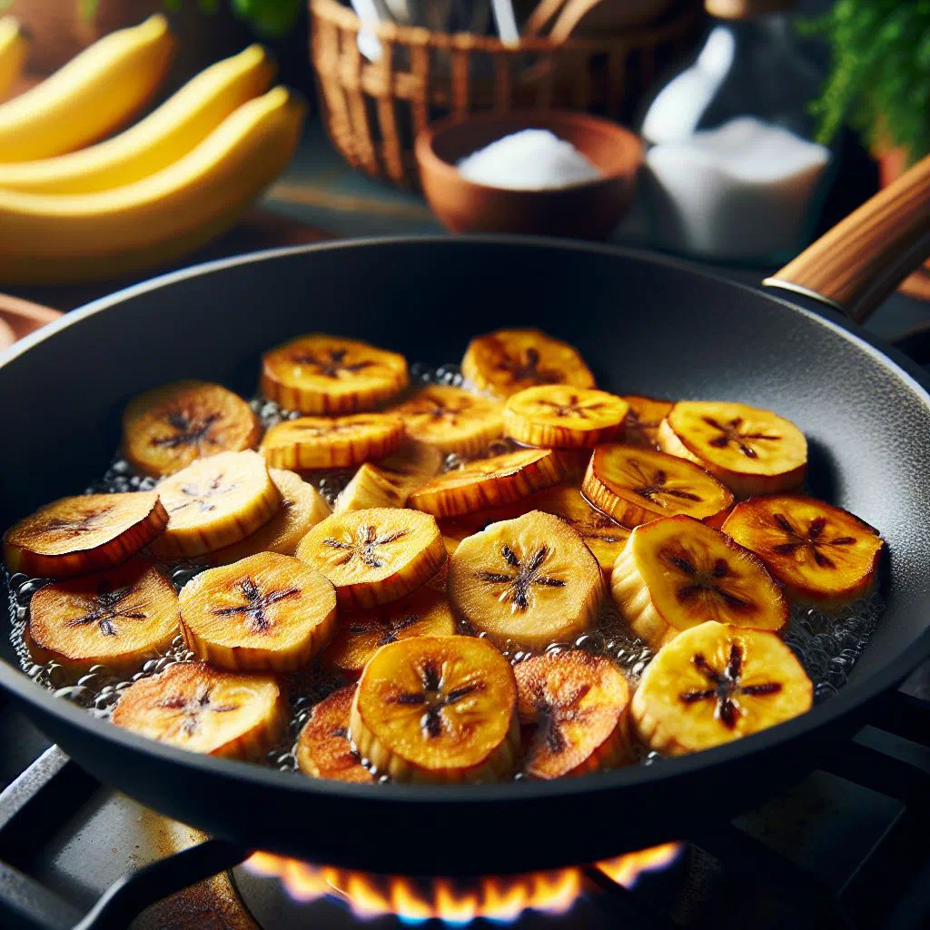 Golden fried plantain slices sprinkled with salt on a plate