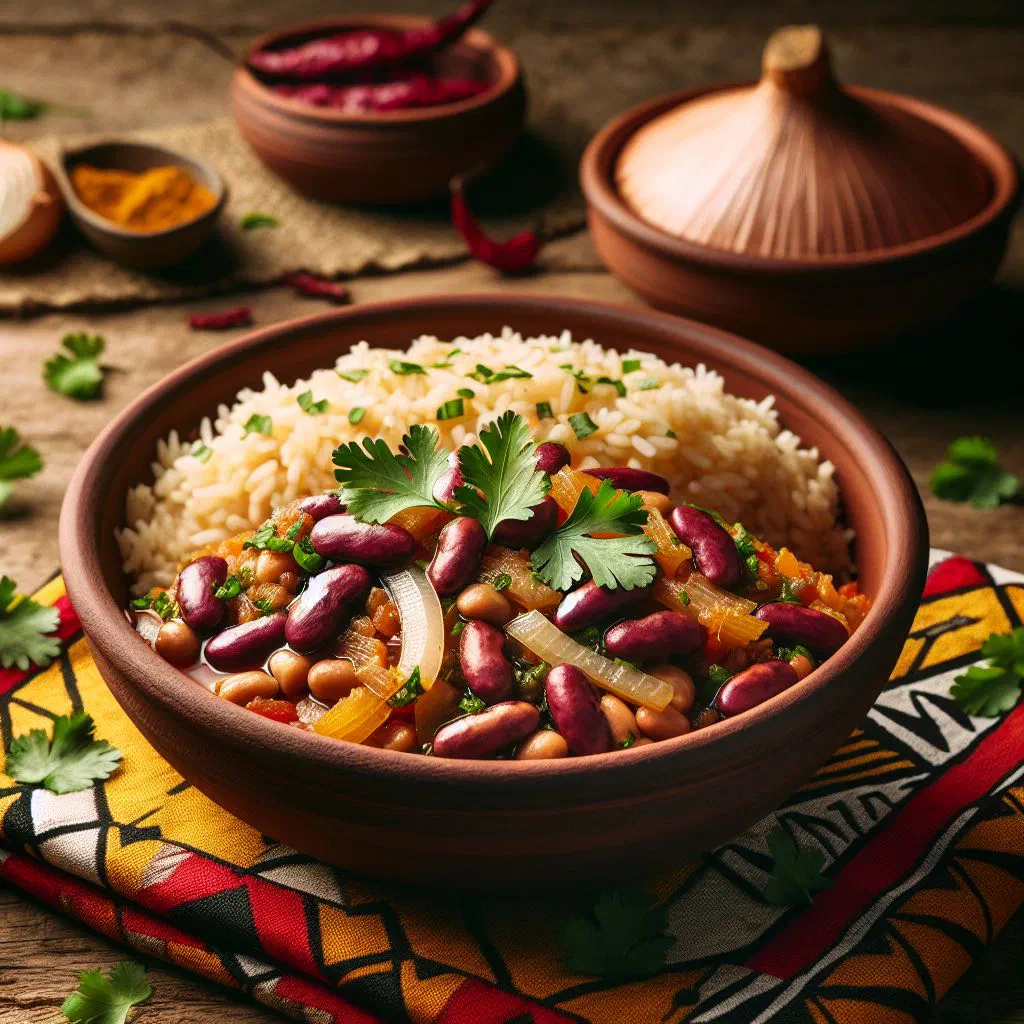 Bowl of Burkinabé red beans with carrots, peppers and fresh herbs