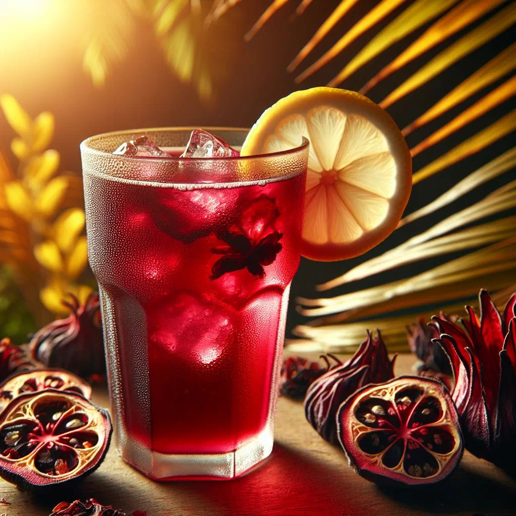 Deep red hibiscus drink served over ice with a slice of lime