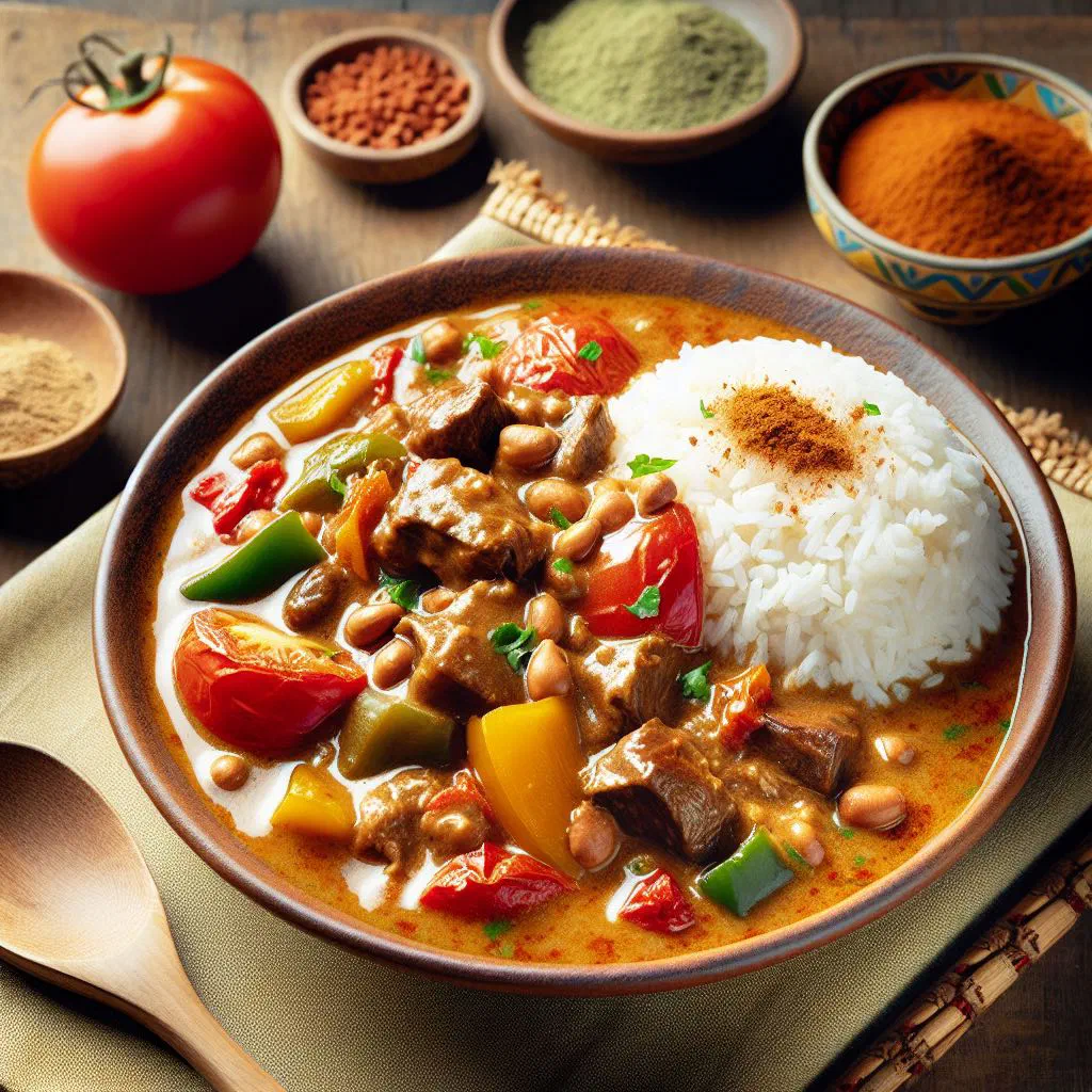 Bowl of mafé peanut stew with tender meat, carrots and fresh coriander