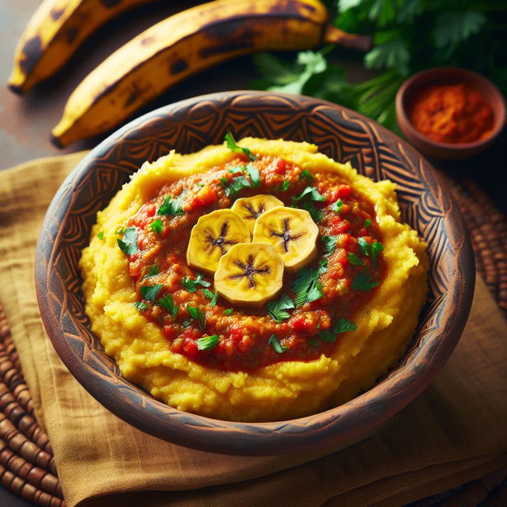 Smooth mound of plantain fufu served with a spiced sauce