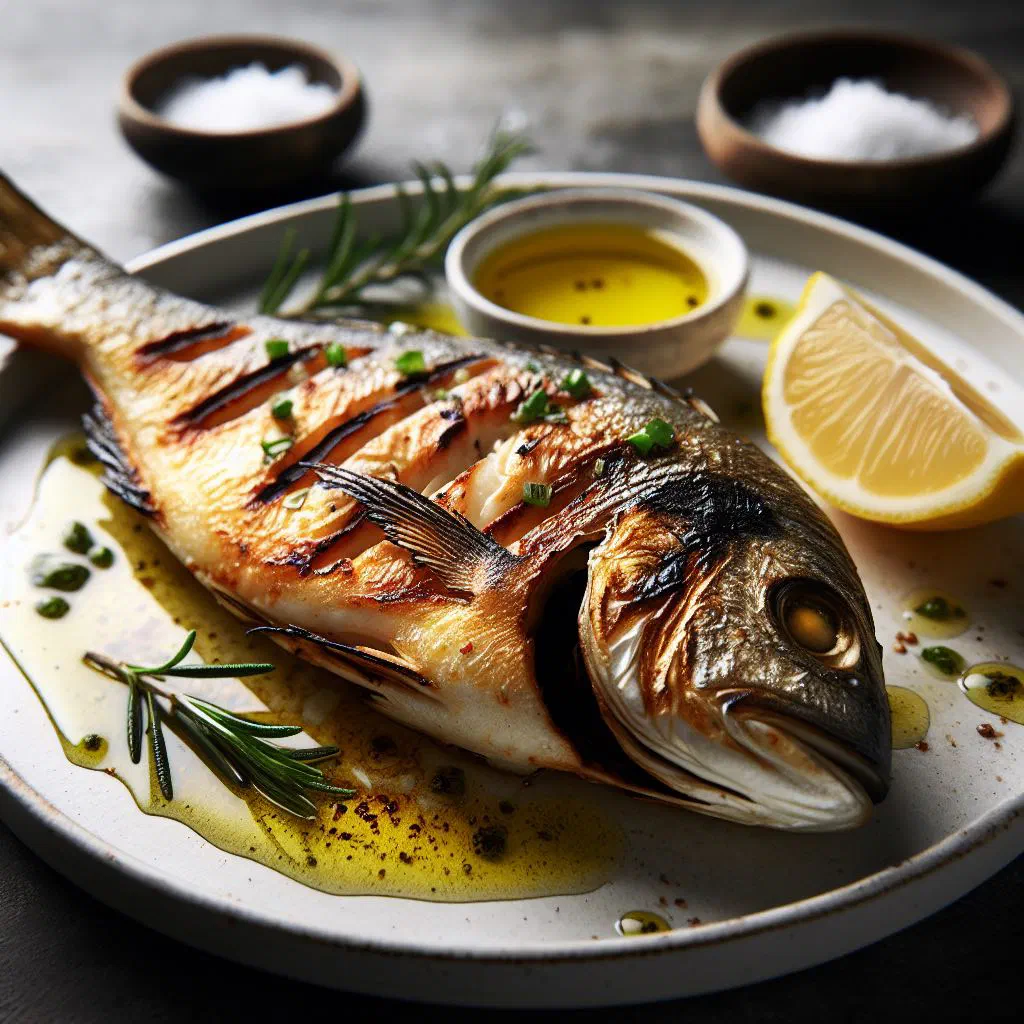 Whole grilled fish with lemon wedges and fresh herbs on a plate