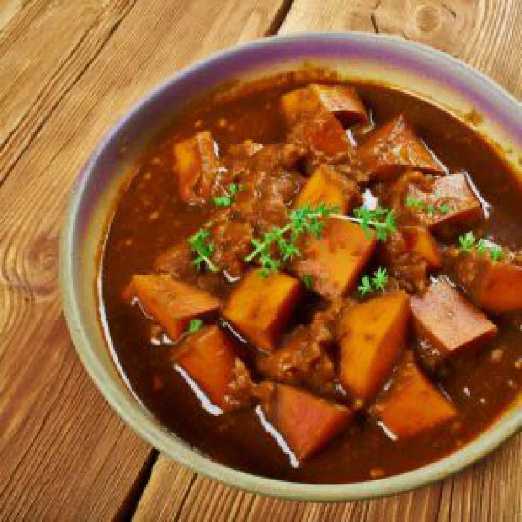 Yam stew with tomatoes and peppers in a rustic bowl