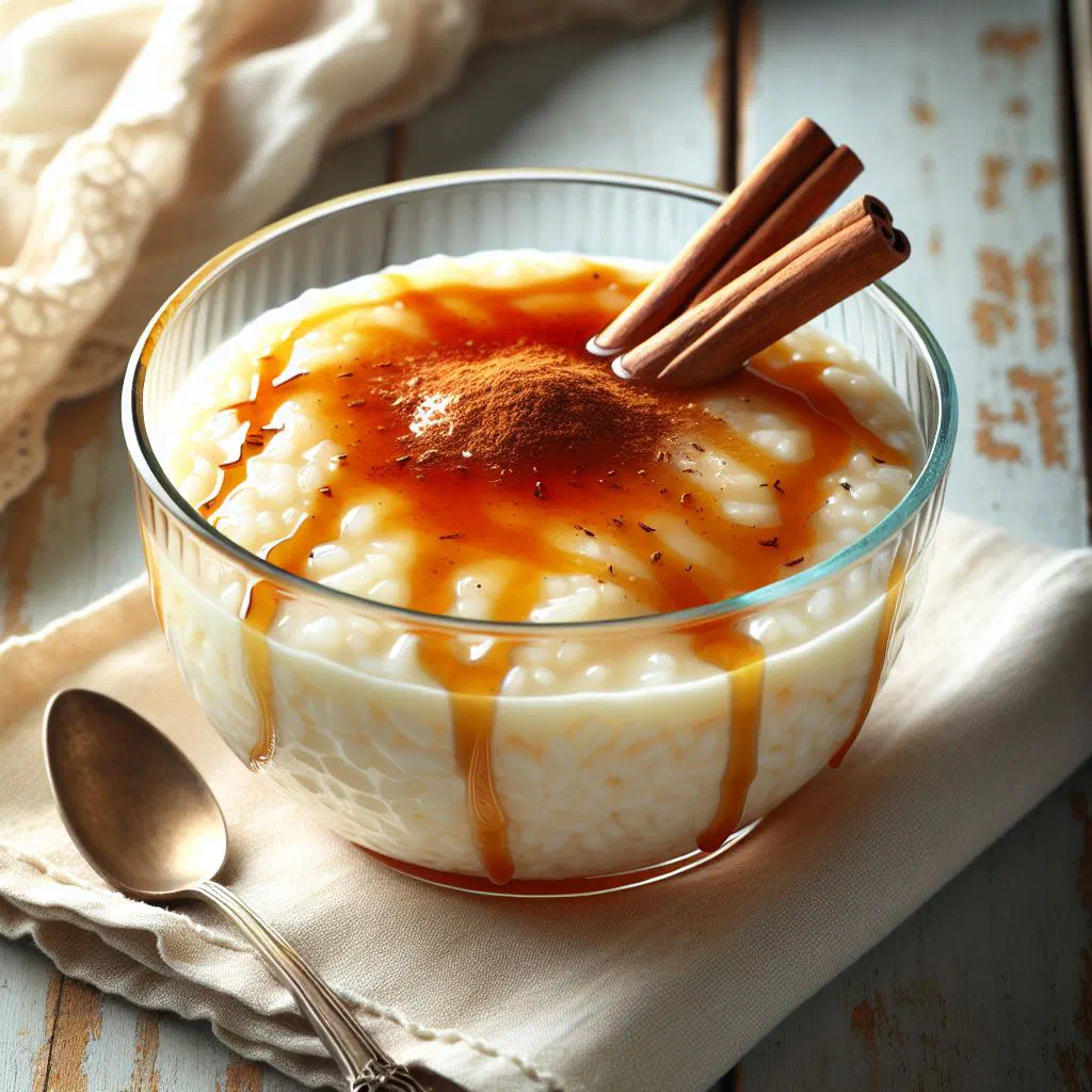 Creamy riz au lait rice pudding in a bowl, dusted with cinnamon