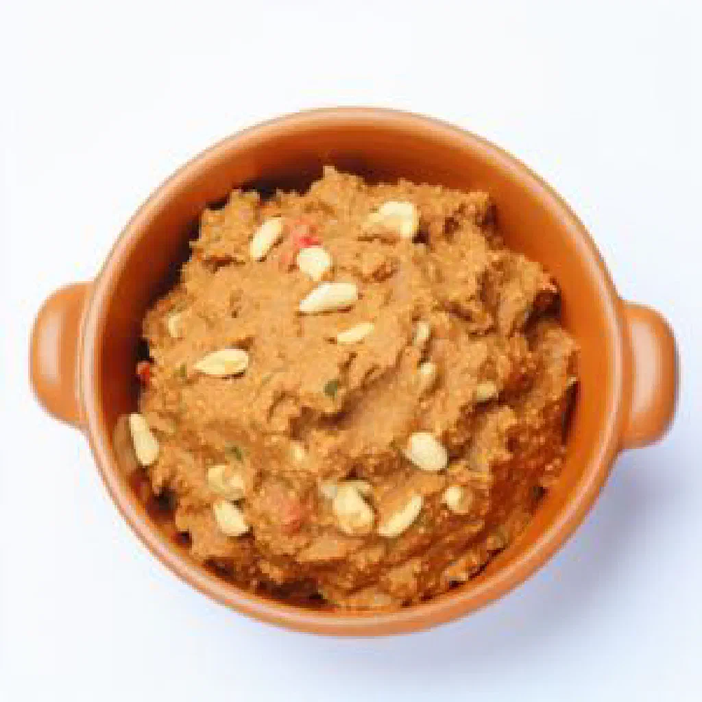 Bowl of mashed cassava with spiced peanut sauce and fresh herbs