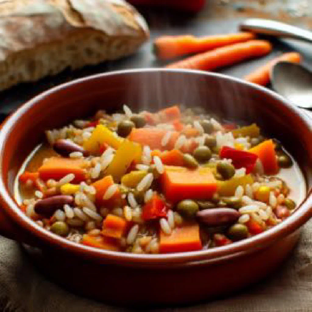 A colourful bowl of Ibyokurya with rice, beans and vegetables
