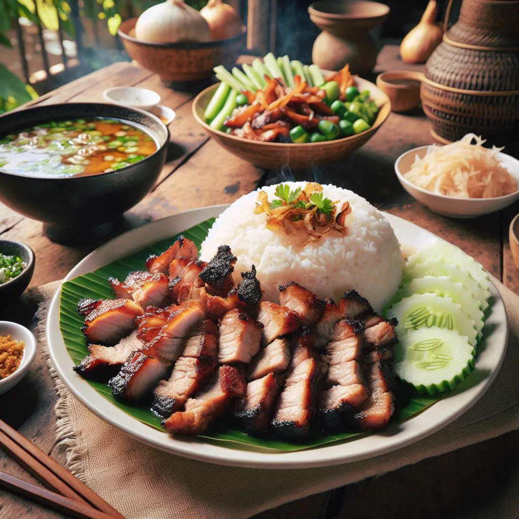 Grilled marinated pork slices served over jasmine rice with fresh vegetables