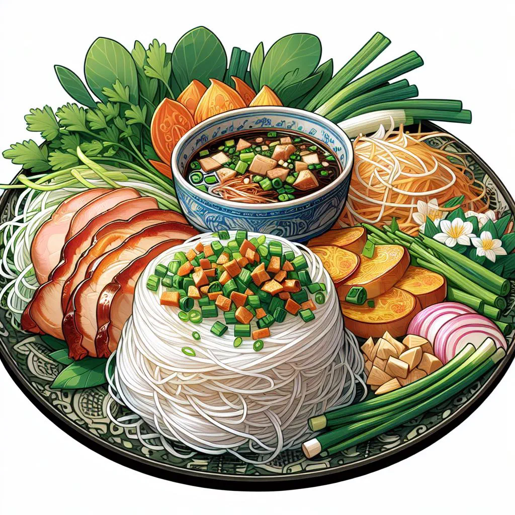 Delicate Banh Hoi rice noodles served with fresh herbs, vegetables and a dipping sauce