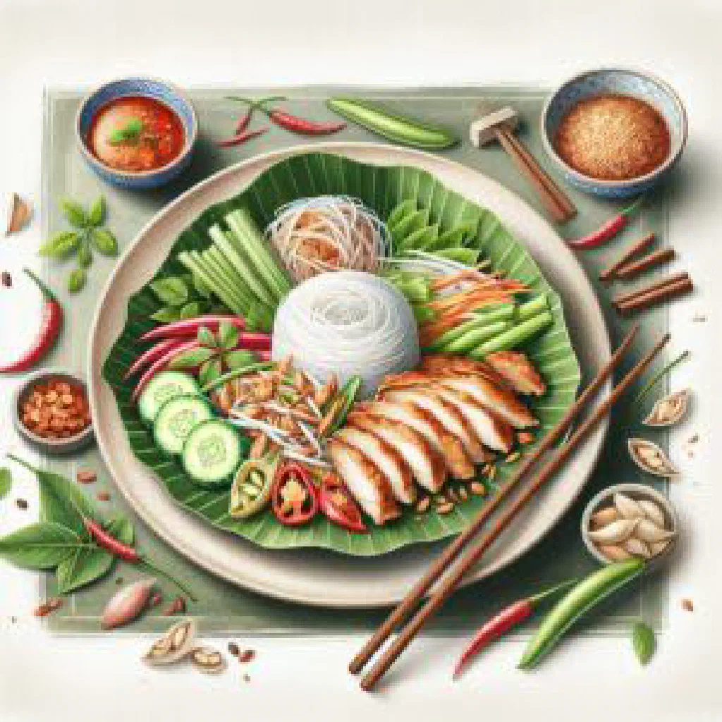 Steamed Cambodian banh sung rice cakes garnished with fresh herbs and a dipping sauce