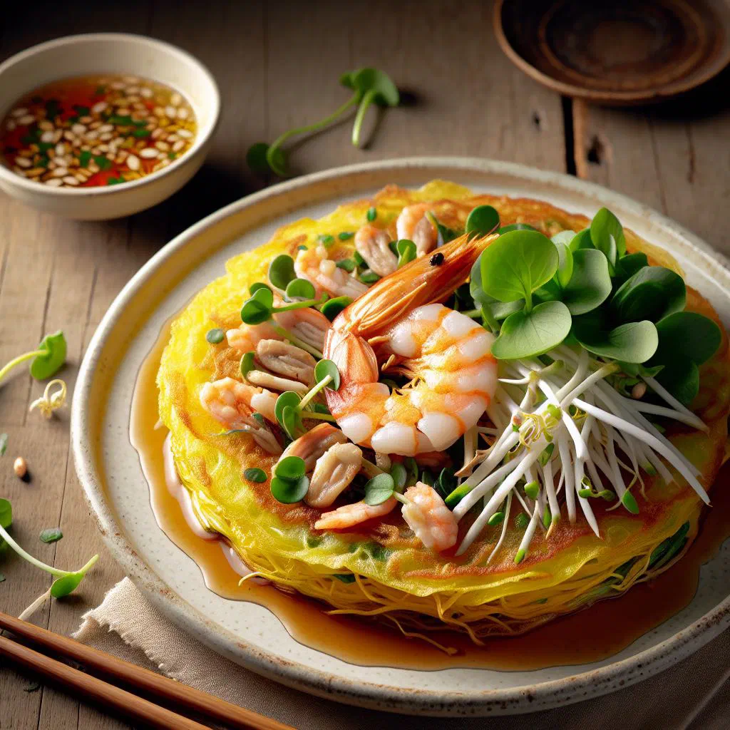 Crispy golden Banh Xeo rice pancake filled with vegetables and fresh herbs