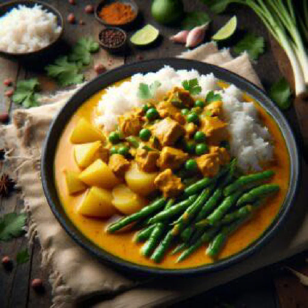 Cambodian pork curry Kari Sach Chrouk in coconut sauce with rice