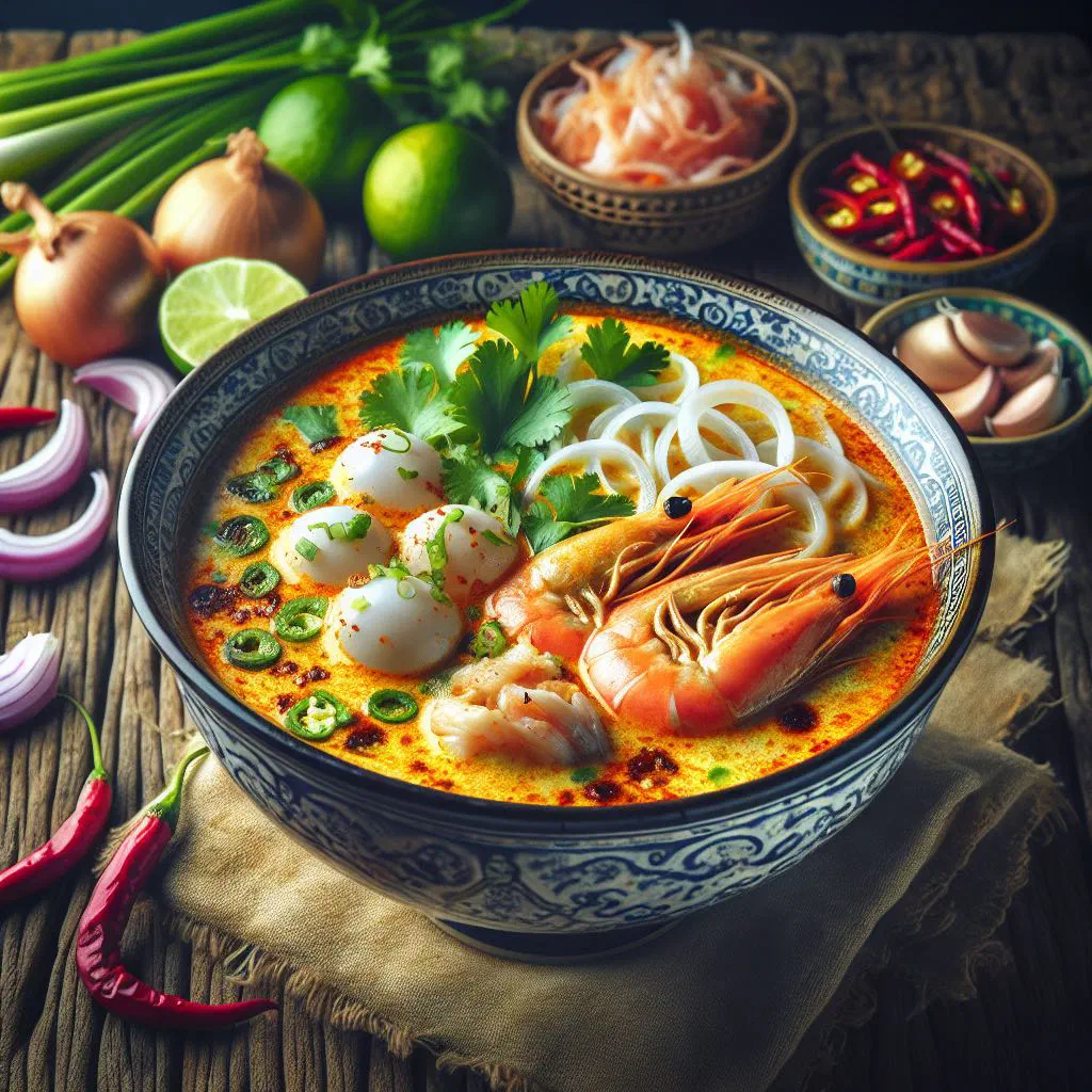 A steaming bowl of Khmer laksa with rice noodles, coconut broth and fresh herbs
