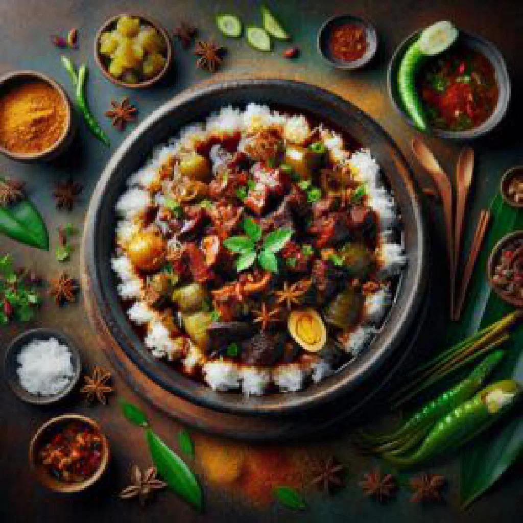 Cambodian khor ko braised beef in coconut sauce garnished with fresh coriander