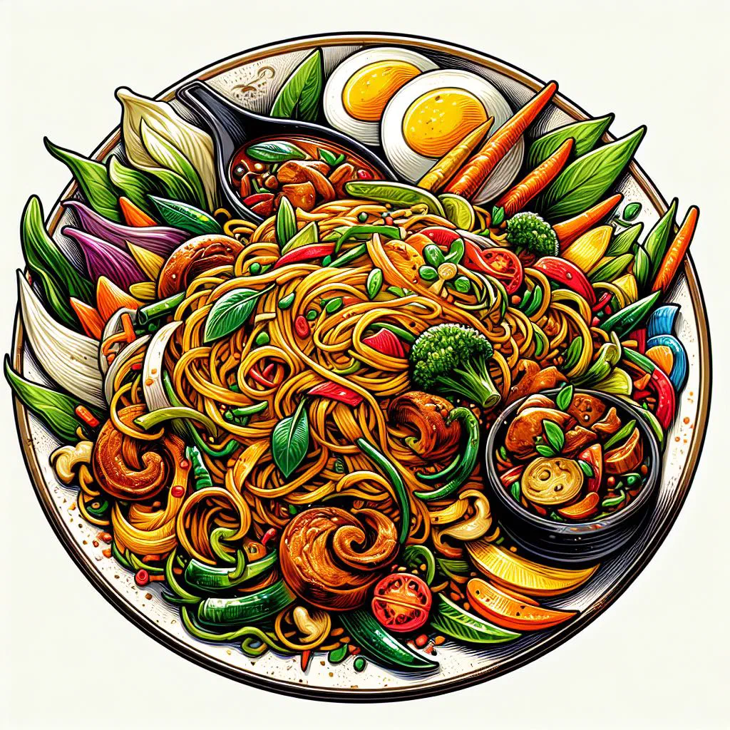 Cambodian mee kola rice noodles with vegetables, fresh herbs and lime