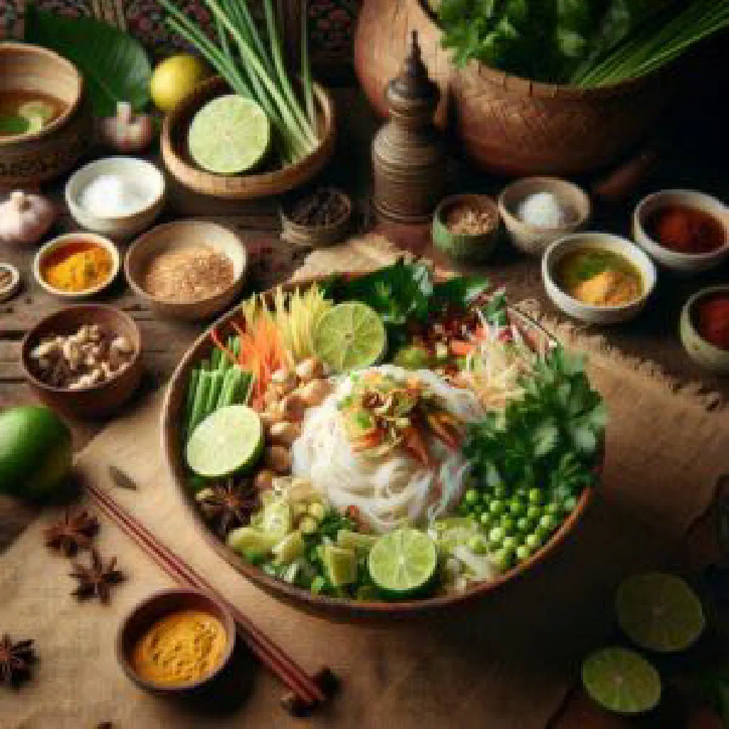 Bowl of Cambodian nom banh chok rice noodles topped with green curry and fresh herbs