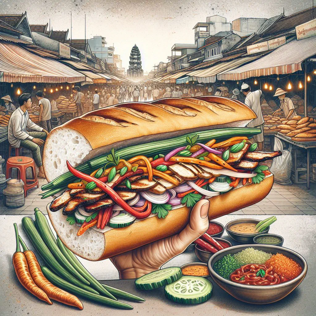 Cambodian nom pang baguette sandwich filled with pork, pickled vegetables and fresh coriander