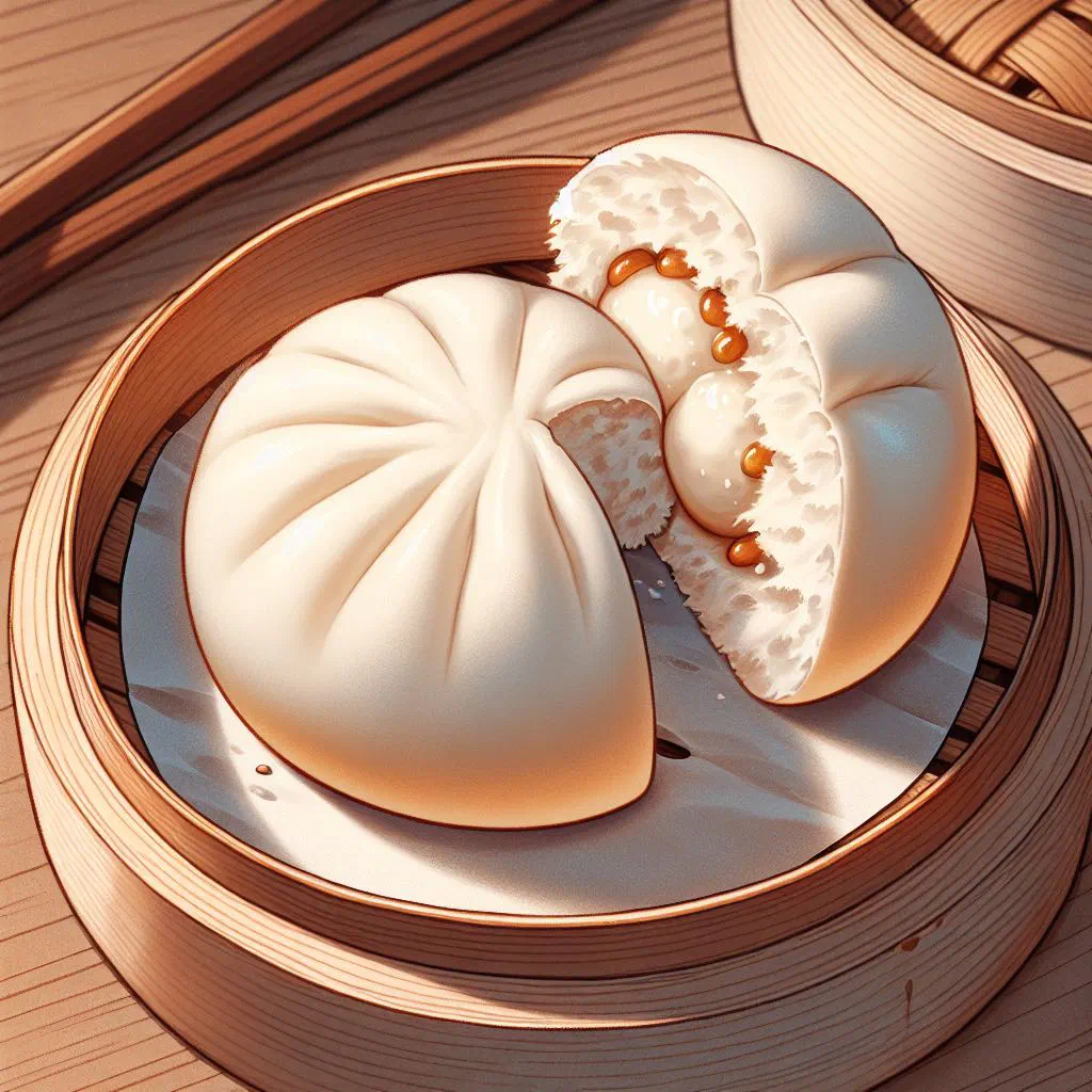 Steamed Nom Pao buns filled with pork, served with fresh herbs