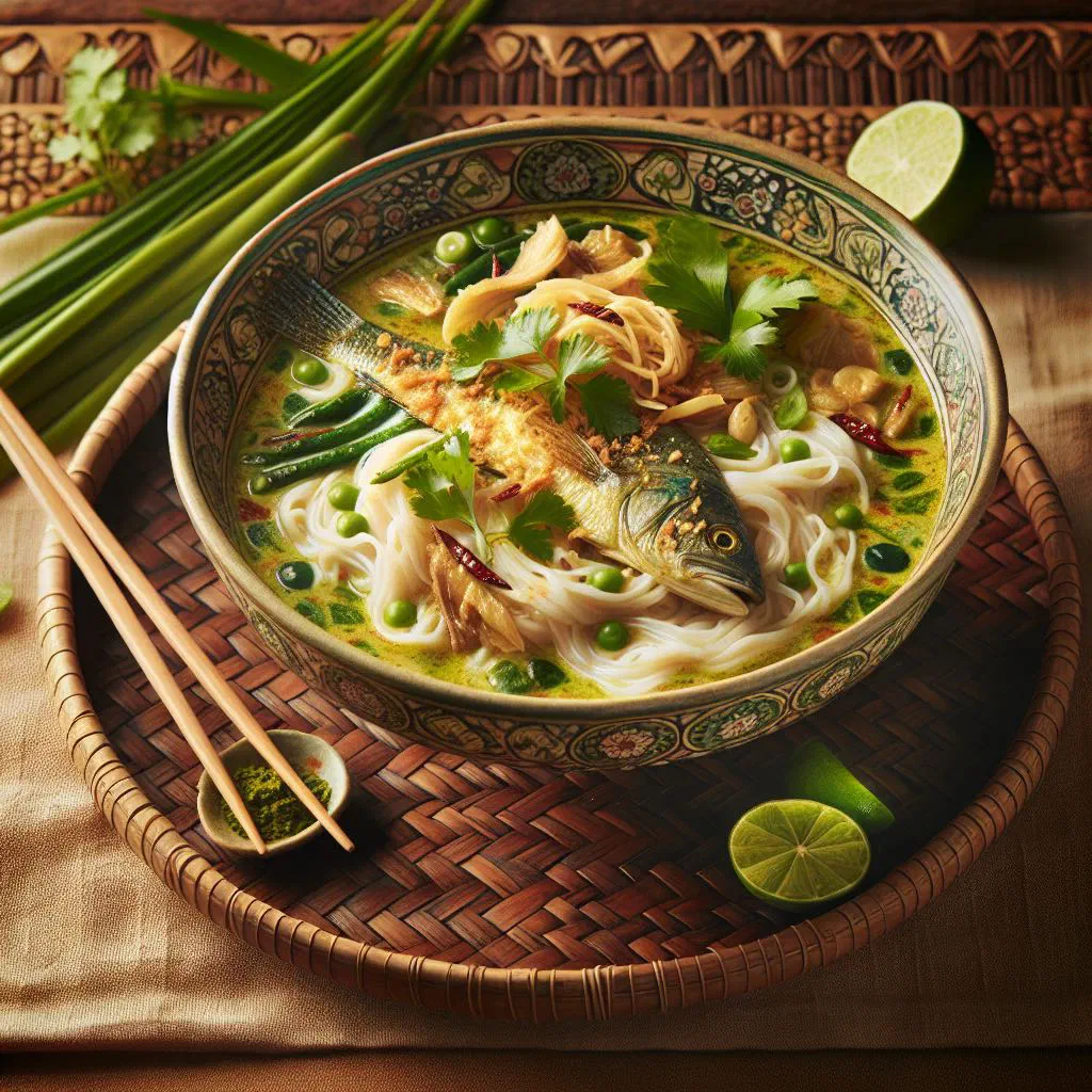Fresh rice noodles topped with fish, kroeung sauce and crisp herbs