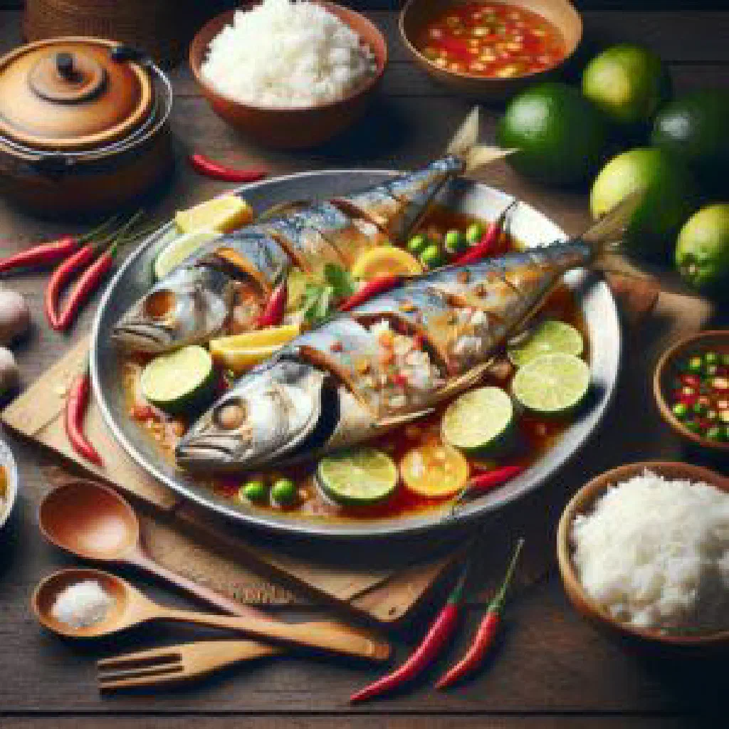 Num Trei with pan-fried fish and vegetables served over jasmine rice