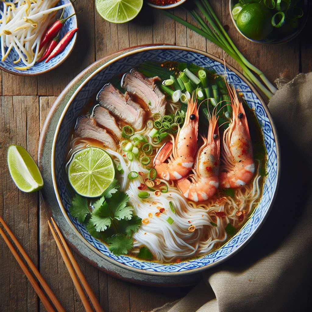 Bowl of Phnom Penh noodles with vegetables, chicken and fresh herbs