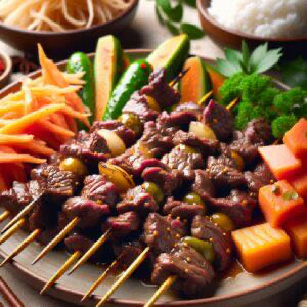 Marinated grilled beef strips garnished with fresh coriander