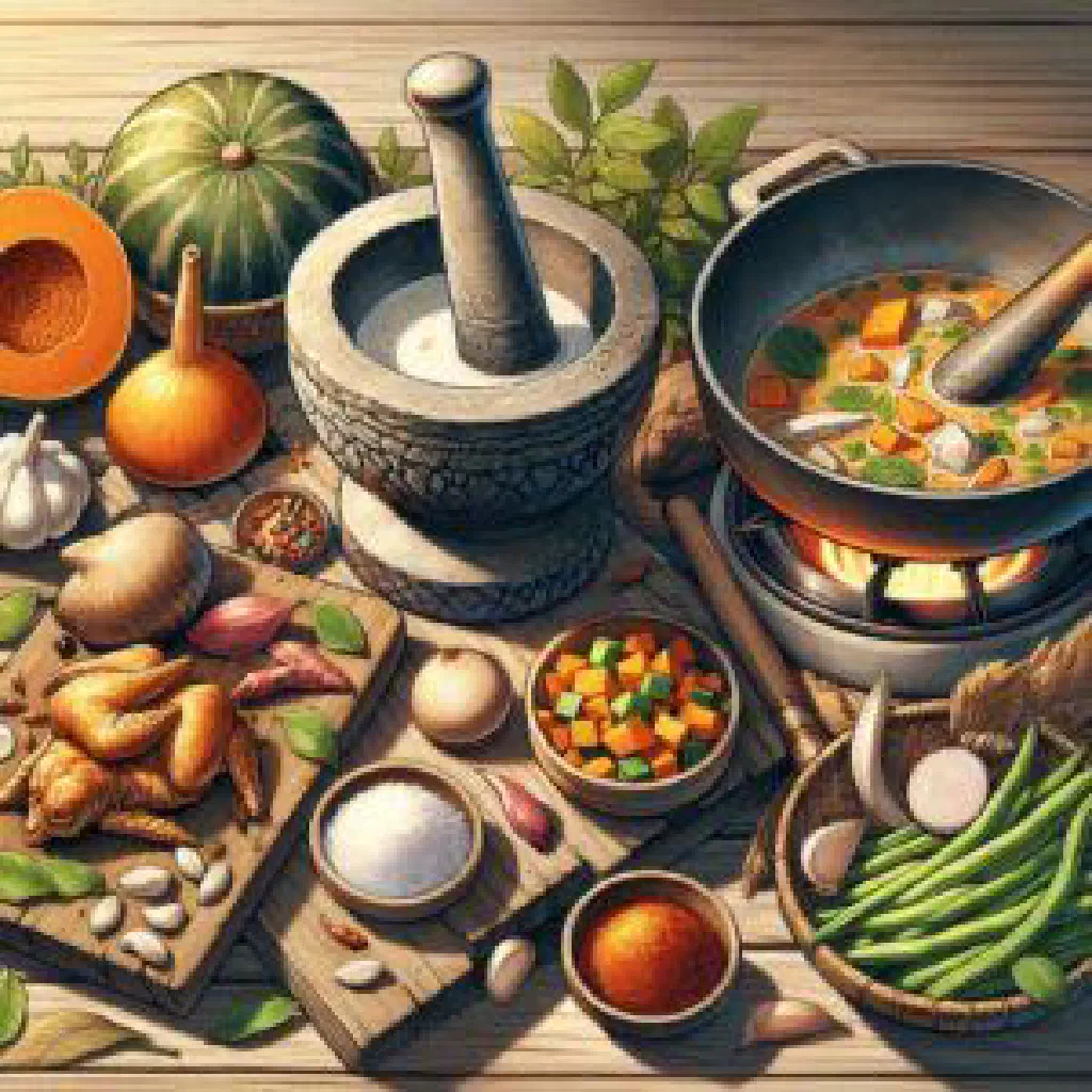Bowl of Cambodian samlor ktis stew garnished with fresh herbs