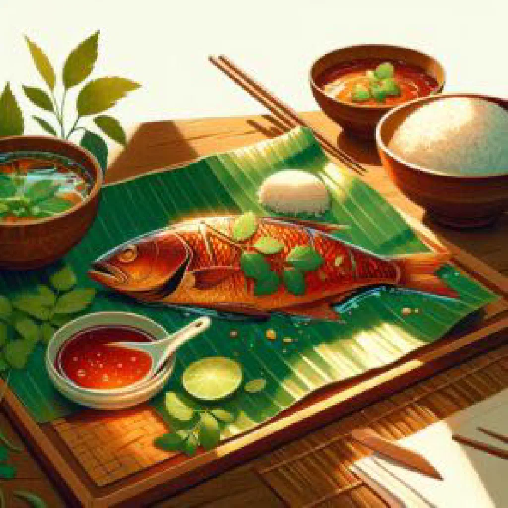 Marinated grilled fish garnished with fresh herbs and lime