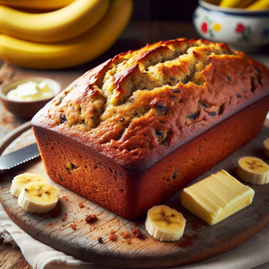 Sliced Cameroonian banana bread on a wooden board