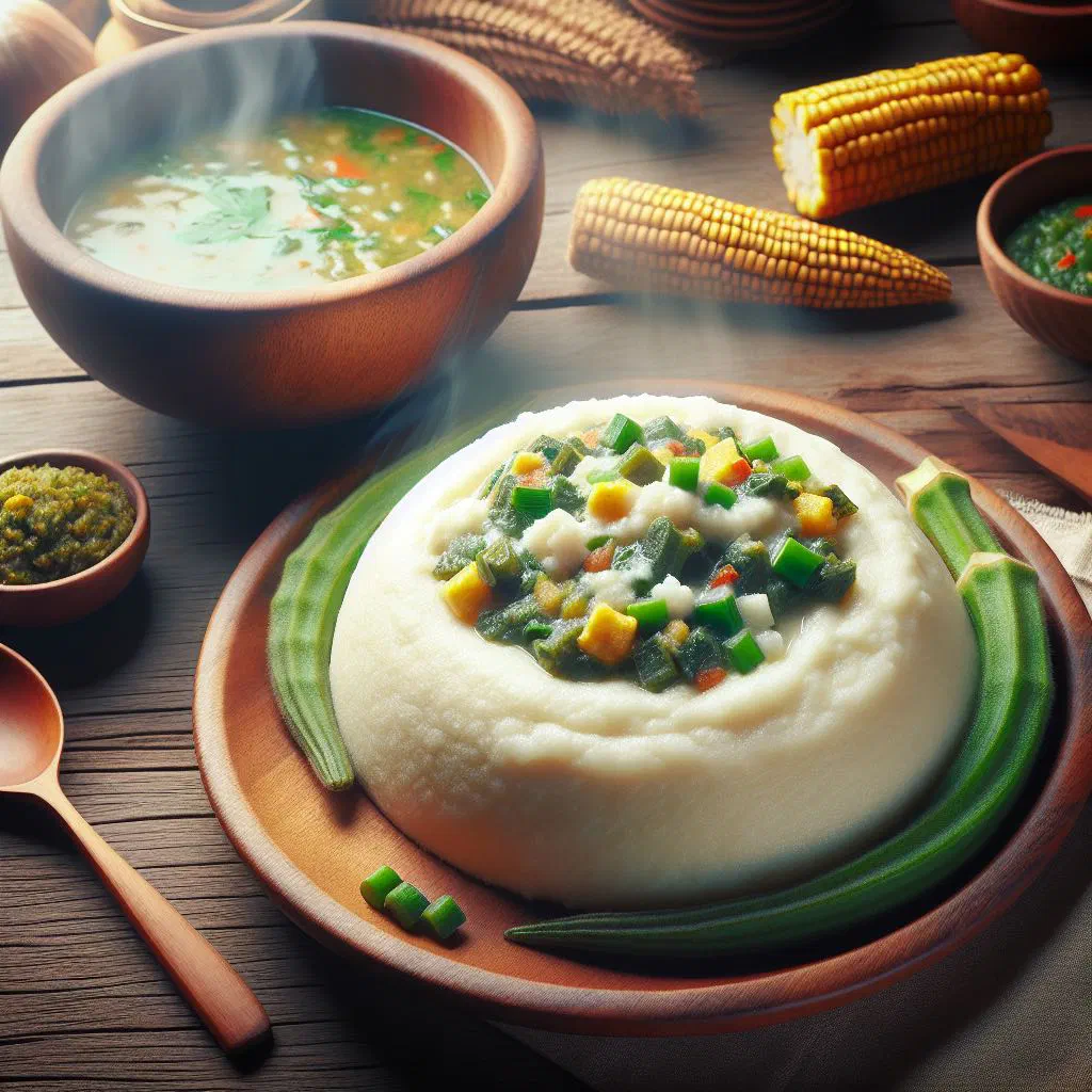 Smooth mounds of corn fufu in a bowl, ready to serve with sauce