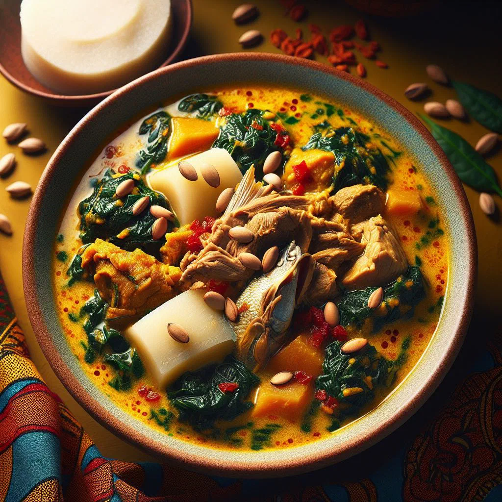 Bowl of Cameroonian egusi soup with leafy greens and palm oil