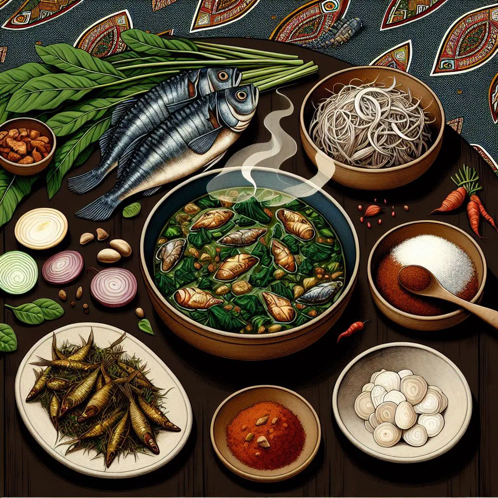 Bowl of Cameroonian eru with shredded greens, fish and groundnuts