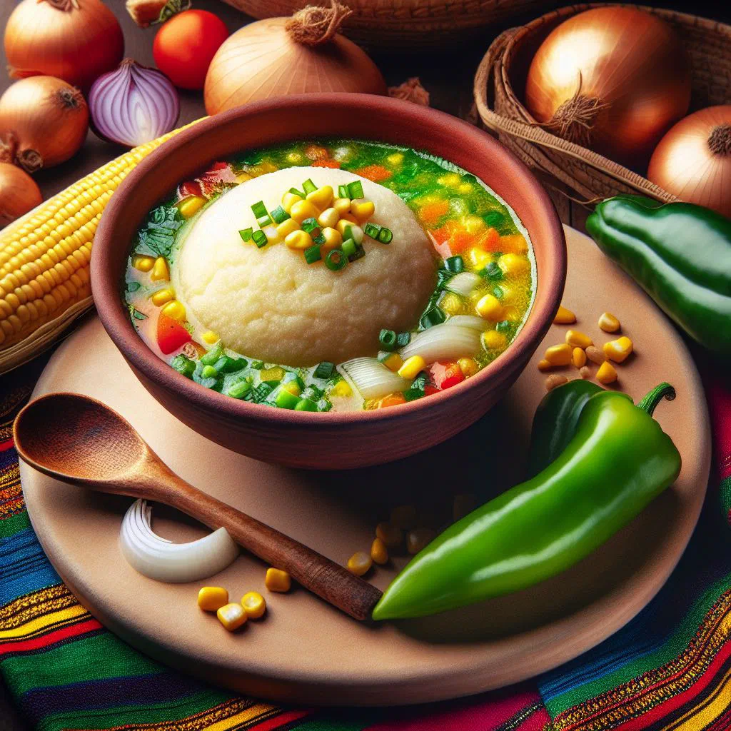Smooth white fufu corn served in a bowl with a rich sauce alongside
