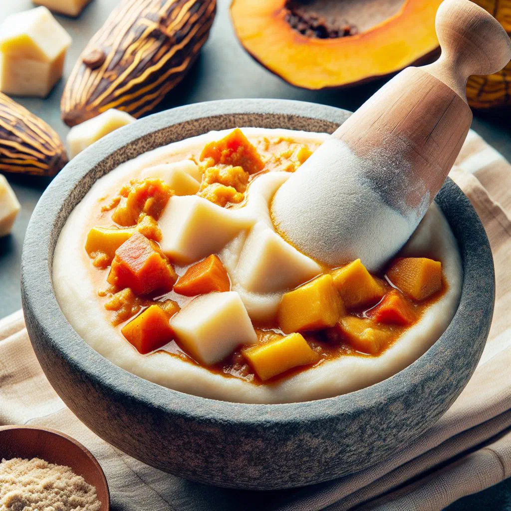 Smooth white fufu served in a bowl beside a rich Cameroonian sauce