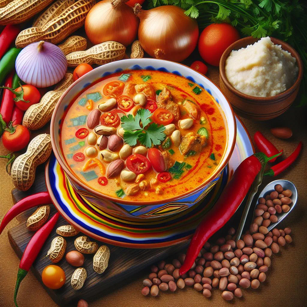 Bowl of Cameroonian groundnut soup with chicken, vegetables and roasted peanuts