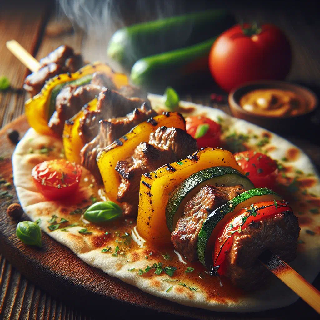 Grilled Cameroonian kebab skewers with peppers and onions