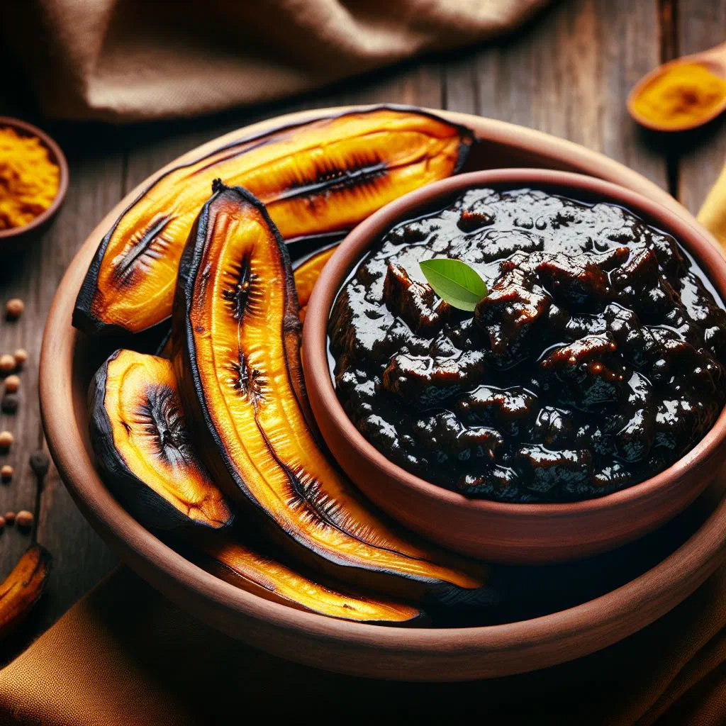 Mbongo chobi in dark spiced sauce served with boiled plantains