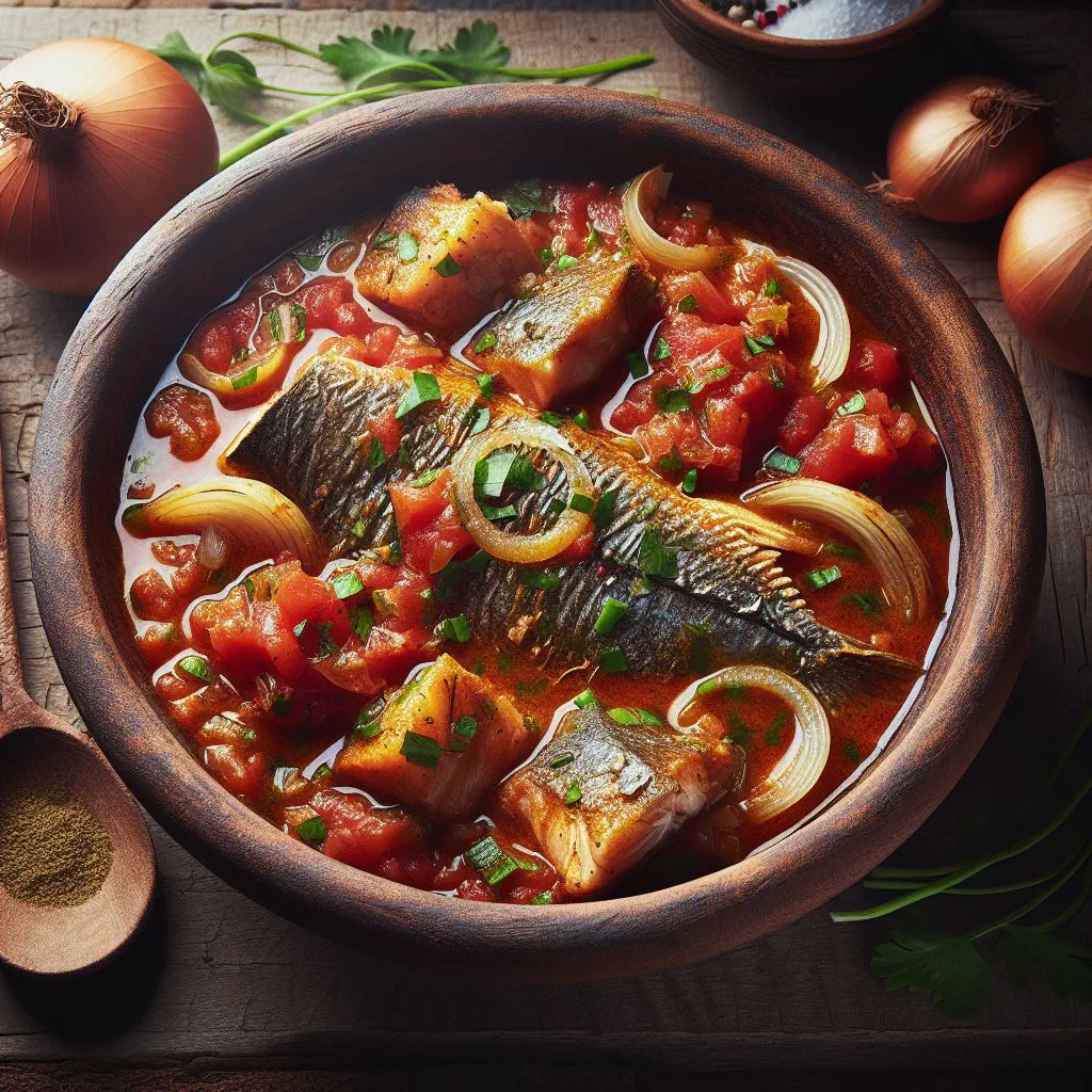 Mbongo tchobi beef stew in dark smoky sauce with fried plantain