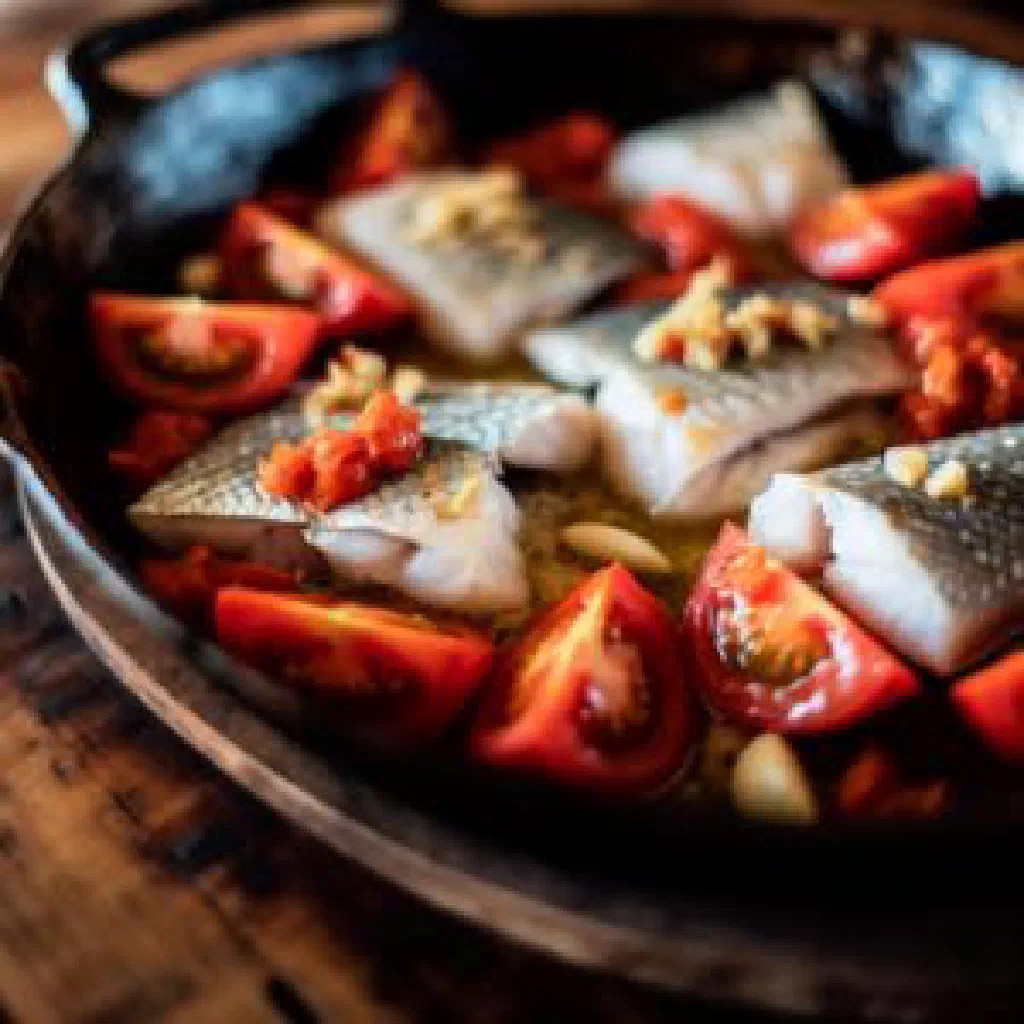 Njapche with fish in a spicy tomato sauce, garnished with fresh herbs