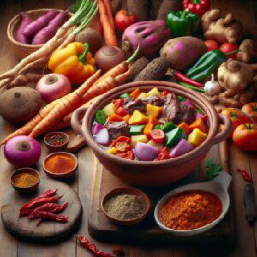 Nnam Owondo, a Cameroonian rice dish with colourful vegetables