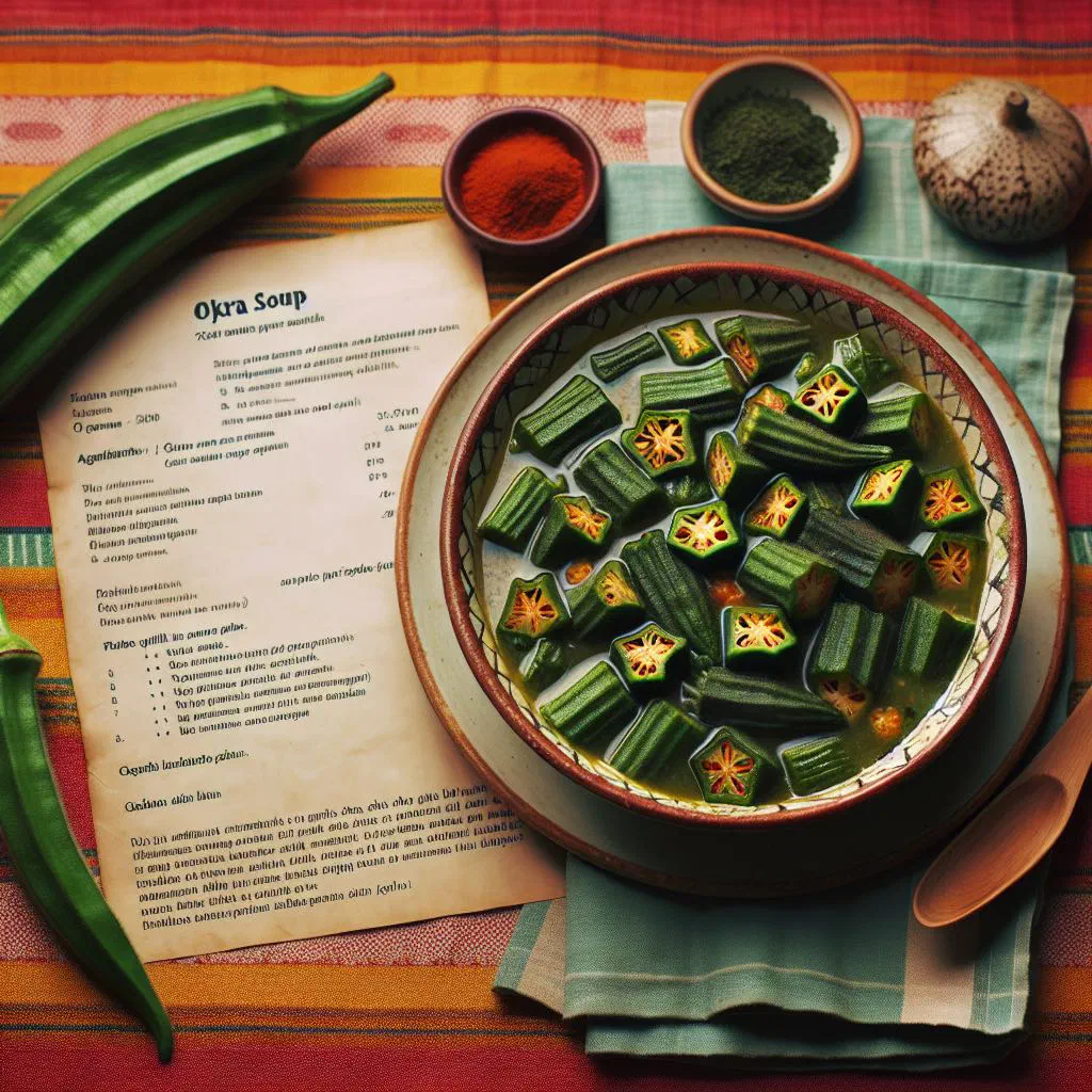 A steaming bowl of Cameroonian okra soup with tender meat and fresh herbs