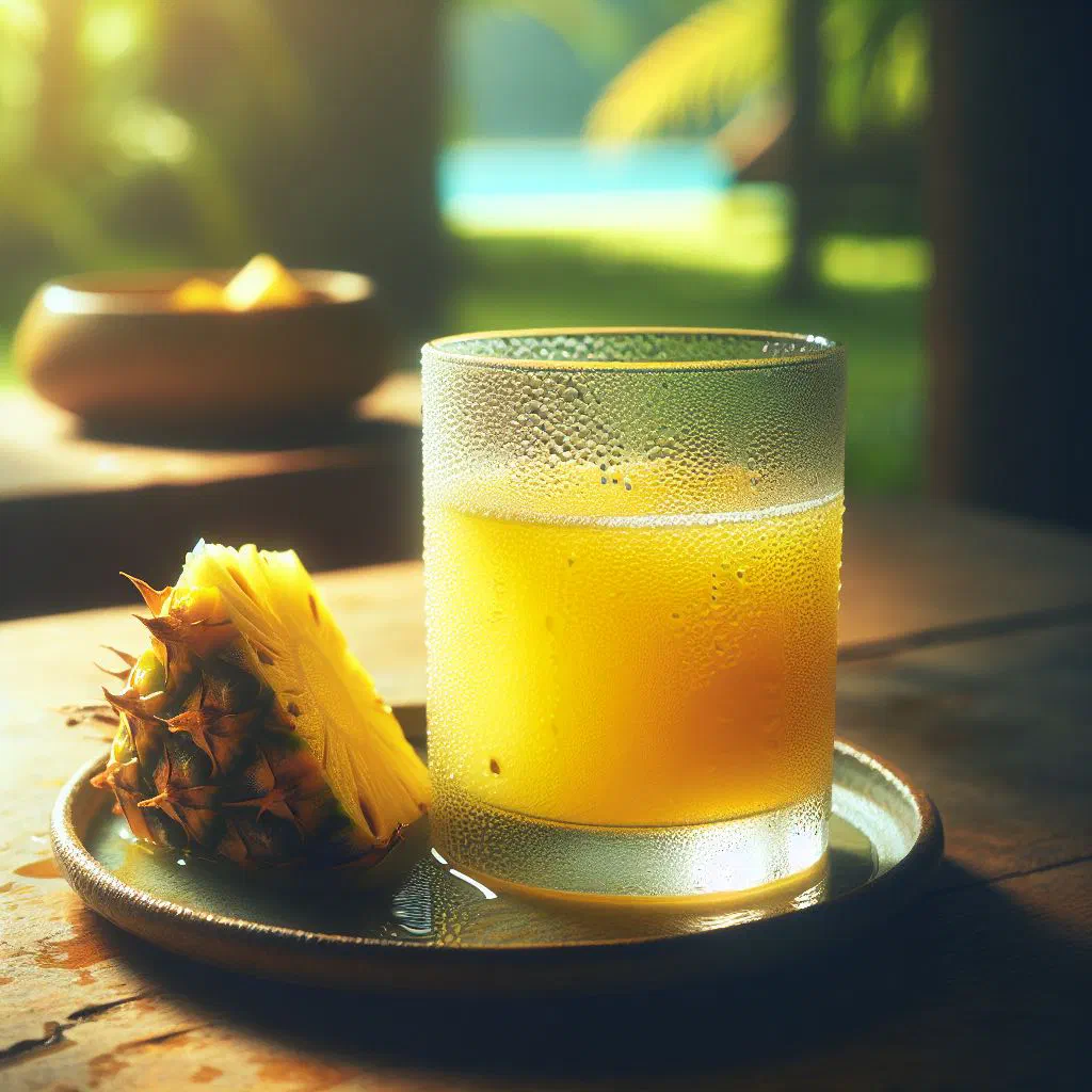 Glass of freshly blended Cameroonian pineapple juice with ice and a lime slice