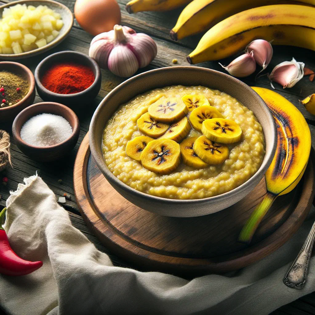 Creamy plantain porridge in a bowl garnished with fresh herbs
