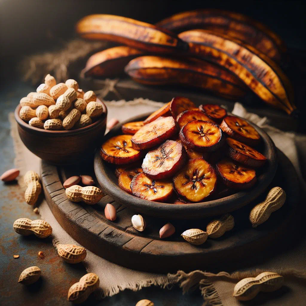 Golden roasted plantain slices topped with toasted peanuts