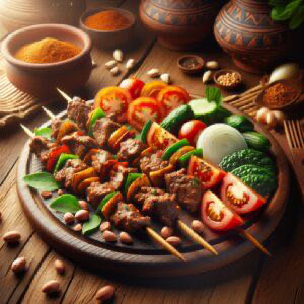 Grilled suya skewers dusted with peanut spice mix and served with sliced onions