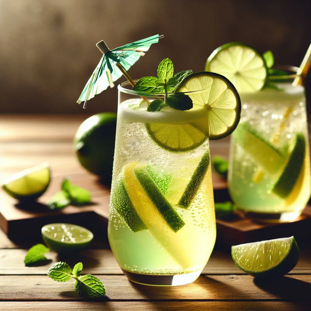Tall glass of sweet lime drink with ice cubes, mint and lime slices